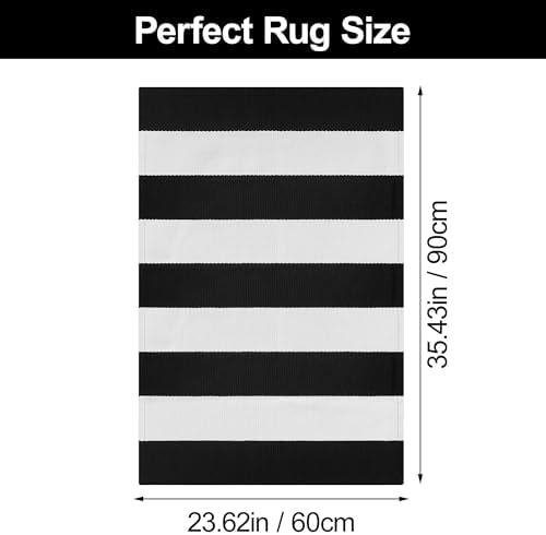 Black and White Striped Outdoor Rug 2x3 Cotton Woven