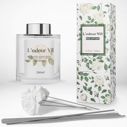 Lodeur Vill Reed Diffuser Set 67 oz Lavender Scented with 3 Artificial Roses