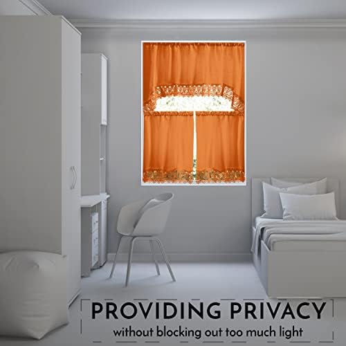 American Linen Caf Curtains with Valance and Embroidered Lace Border Orange