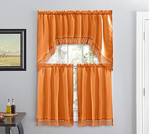 American Linen Caf Curtains with Valance and Embroidered Lace Border Orange