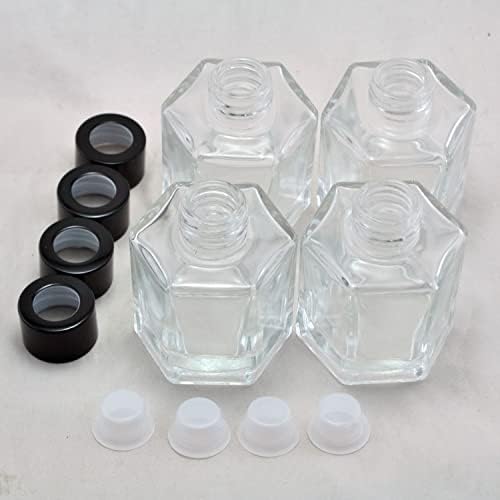 Set of 4 Hexagon Glass Essential Oil Bottles with Black Caps