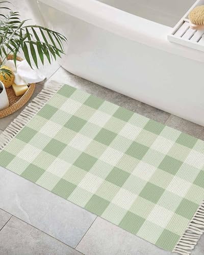 Sage Green Buffalo Check Bathroom Rug 2x3ft