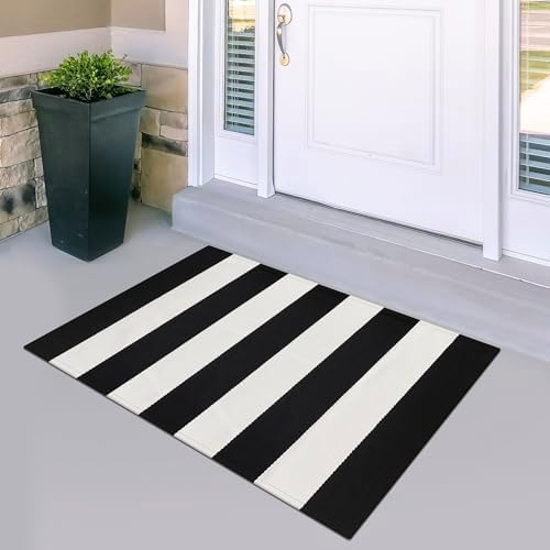 Black and White Striped Outdoor Rug 2x3 Cotton Woven