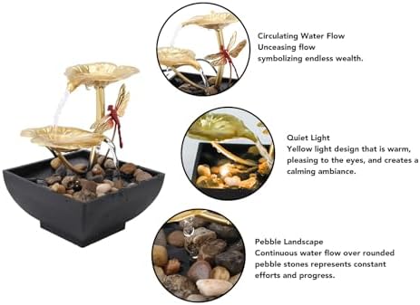 PerGar Lotus Leaf Dragonfly Fountain Water Decor for Home Office