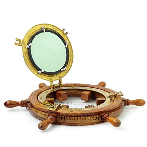 Nagina International Nautical Brass Porthole Mirror Ship Wheel Decor 16 Inches Christmas Gift Wall Mounted