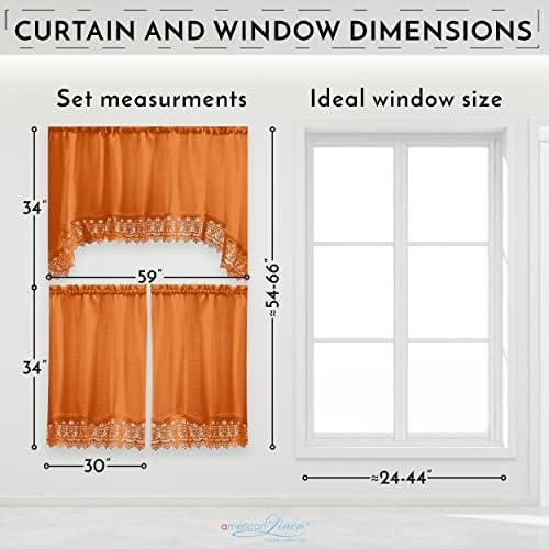 American Linen Caf Curtains with Valance and Embroidered Lace Border Orange