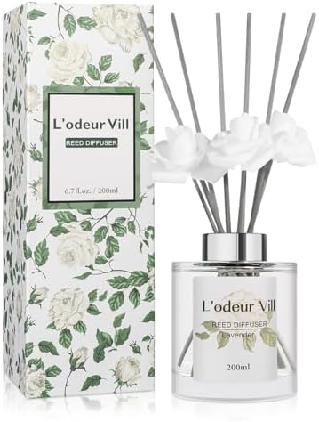 Lodeur Vill Reed Diffuser Set 67 oz Lavender Scented with 3 Artificial Roses