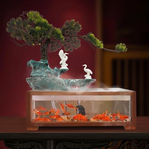 Porkke Spreading Fish Tank Flowing Ornament Desktop Fountain with LED Light and Atomizer for Home Office Decor