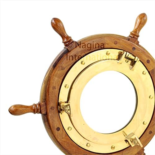 Nagina International Nautical Brass Porthole Mirror Ship Wheel Decor 16 Inches Christmas Gift Wall Mounted