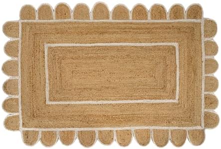 GRUHUM Scalloped Jute Rug 2x3 ft Natural White Trim Rectangular