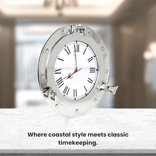 Nagina International Silver Lined Nautical Porthole Wall Mirror Clock 15 Inches