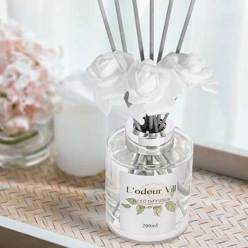 Lodeur Vill Reed Diffuser Set 67 oz Lavender Scented with 3 Artificial Roses
