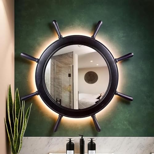 Nagina International 16 Inch Matte Black Ship Wheel Mirror