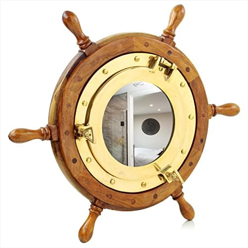 Nagina International Nautical Brass Porthole Mirror Ship Wheel Decor 16 Inches Christmas Gift Wall Mounted