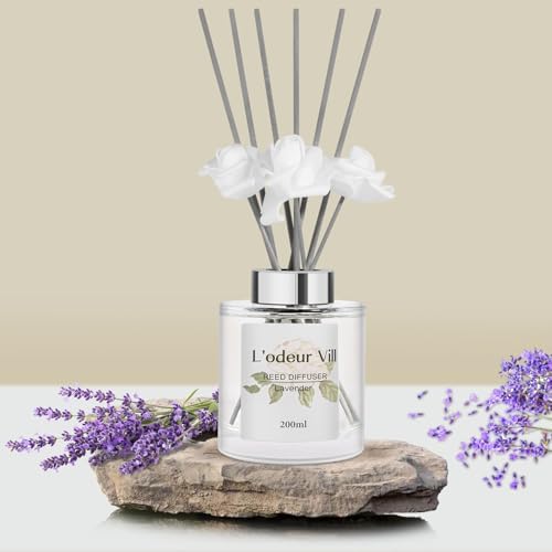 Lodeur Vill Reed Diffuser Set 67 oz Lavender Scented with 3 Artificial Roses