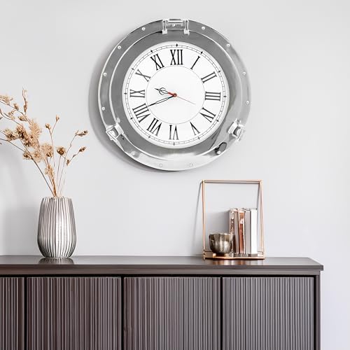 Nagina International Silver Lined Nautical Porthole Wall Mirror Clock 15 Inches