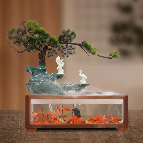 Porkke Spreading Fish Tank Flowing Ornament Desktop Fountain with LED Light and Atomizer for Home Office Decor