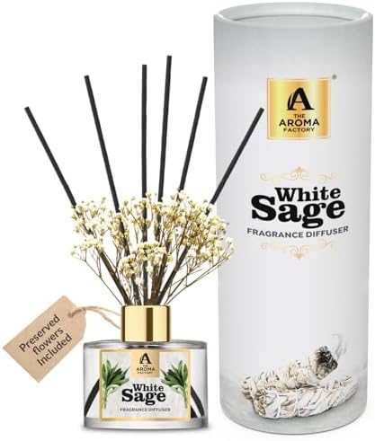 White Sage Reed Diffuser Set with Essential Oil and Preserved Flowers