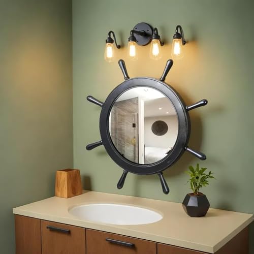 Nagina International 16 Inch Matte Black Ship Wheel Mirror