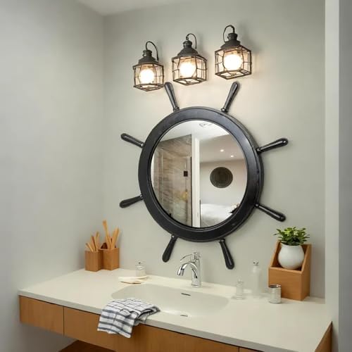 Nagina International 16 Inch Matte Black Ship Wheel Mirror