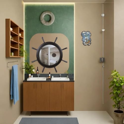 Nagina International 16 Inch Matte Black Ship Wheel Mirror