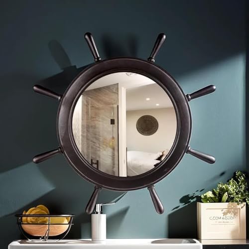 Nagina International 16 Inch Matte Black Ship Wheel Mirror