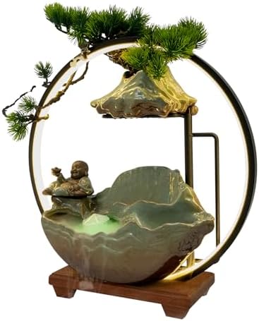 Big Fountain for Table Top - Indoor Waterfall with LED Light and Fake Plants