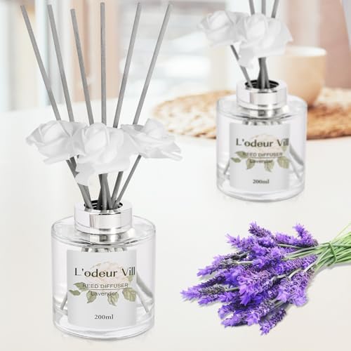Lodeur Vill Reed Diffuser Set 67 oz Lavender Scented with 3 Artificial Roses
