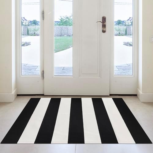 Black and White Striped Outdoor Rug 2x3 Cotton Woven