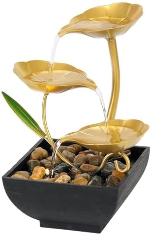 TRV Tabletop Fountain with Golden Flowers and River Rocks
