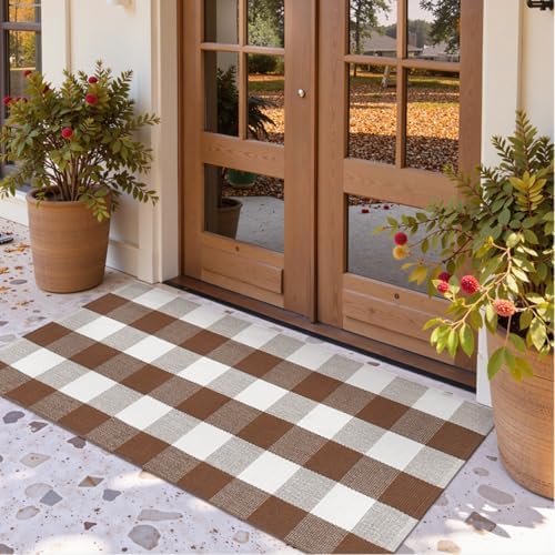 Uphome Buffalo Plaid Outdoor Rug 2x43 Brown Checkered Front Door Mat for Fall Decor
