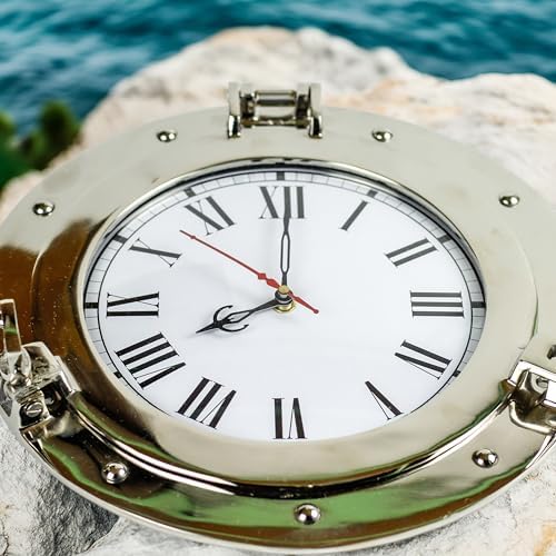 Nagina International Silver Lined Nautical Porthole Wall Mirror Clock 15 Inches