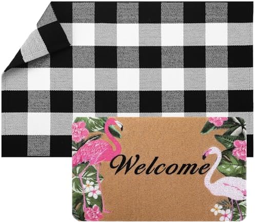 Flamingo Doormat and Plaid Rug Set for Front Porch