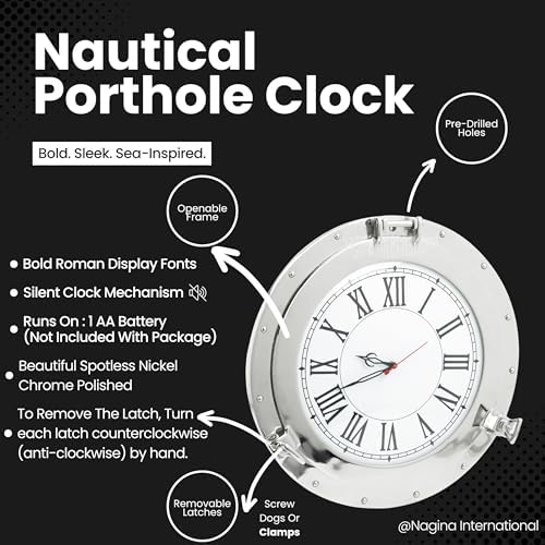 Nagina International Silver Lined Nautical Porthole Wall Mirror Clock 15 Inches