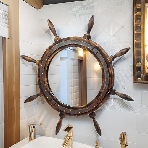 Nagina International 18 Inch Antique Rusted Mirror Ship Wheel