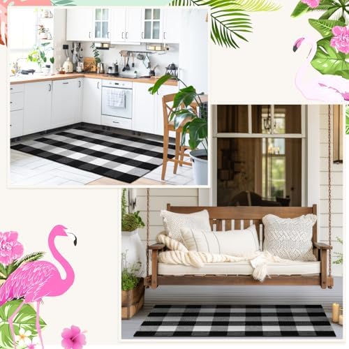 Flamingo Doormat and Plaid Rug Set for Front Porch