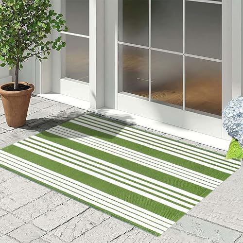 Green and White Striped Outdoor Rug 24x35 Door Mat Welcome Mat for Entryway