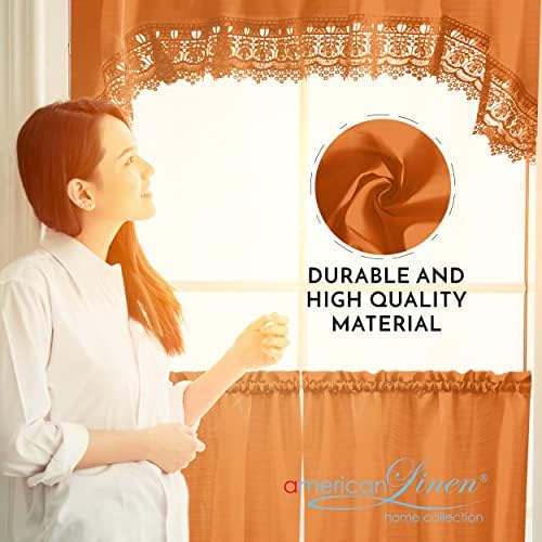 American Linen Caf Curtains with Valance and Embroidered Lace Border Orange