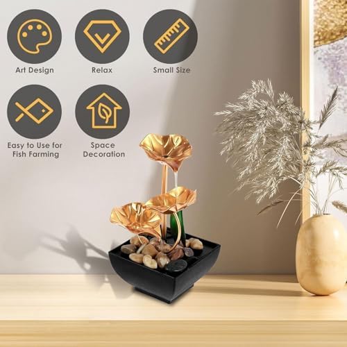 TRV Tabletop Fountain with Golden Flowers and River Rocks