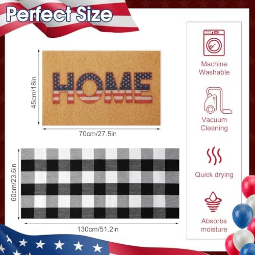 2 Pcs 4th of July Door Mat Set Patriotic Rug and Coir Welcome Mat for Front Porch Entrance