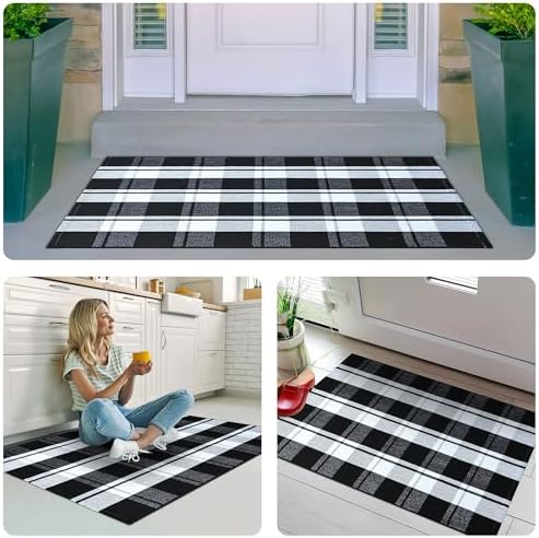 Ompaa Black and White Plaid Checkered Area Rug 236x354 Hand-Woven Cotton Buffalo Doormat for Indoor Outdoor Use