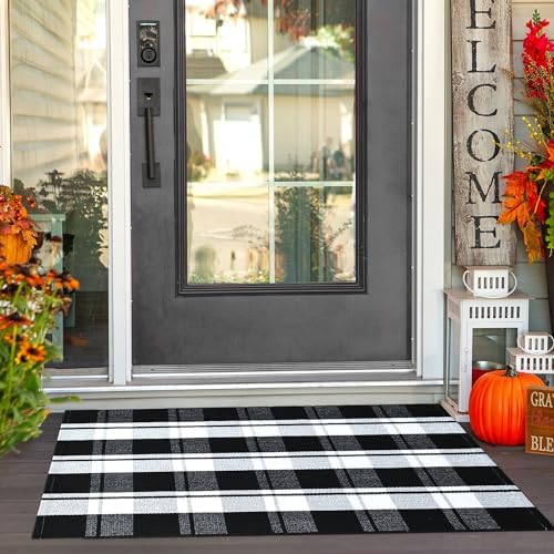 Ompaa Black and White Plaid Checkered Area Rug 236x354 Hand-Woven Cotton Buffalo Doormat for Indoor Outdoor Use