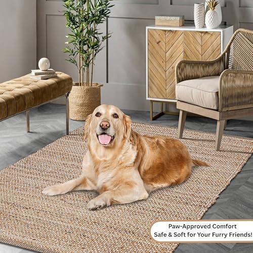 Hausattire Jute Woven Area Rug 3x5 - Natural Hand Braided Boho Rug for Living Room and Kitchen