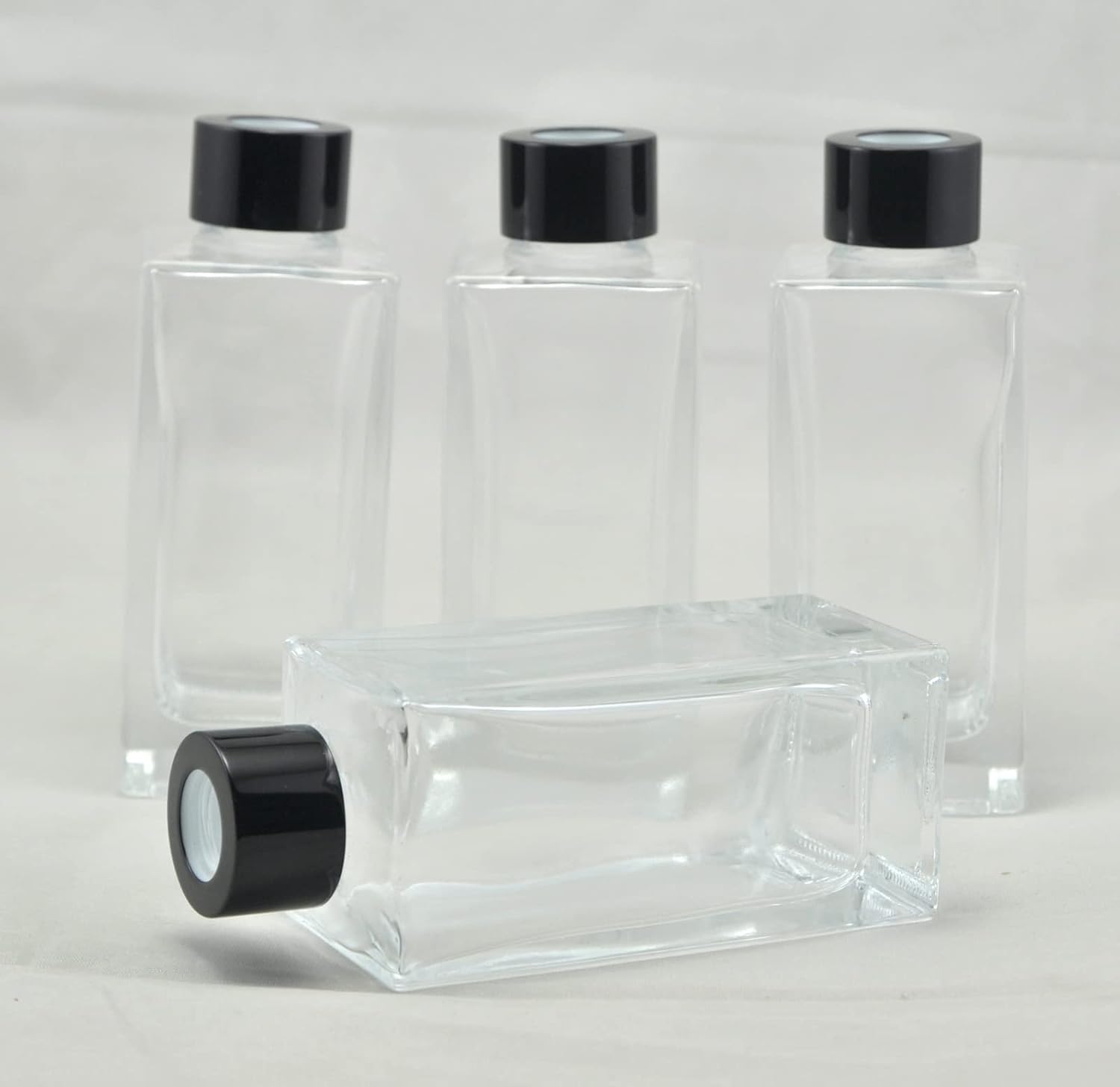 Set of 4 Rectangle Glass Reed Diffuser Bottles with Black Caps