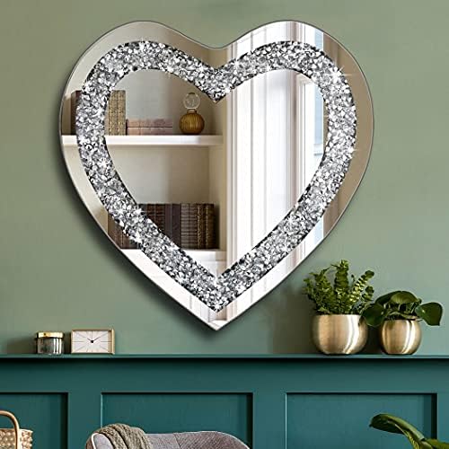 DMDFIRST Crystal Crush Diamond Heart Shaped Wall Mirror 20x20 Inch Frameless Decor Mirror