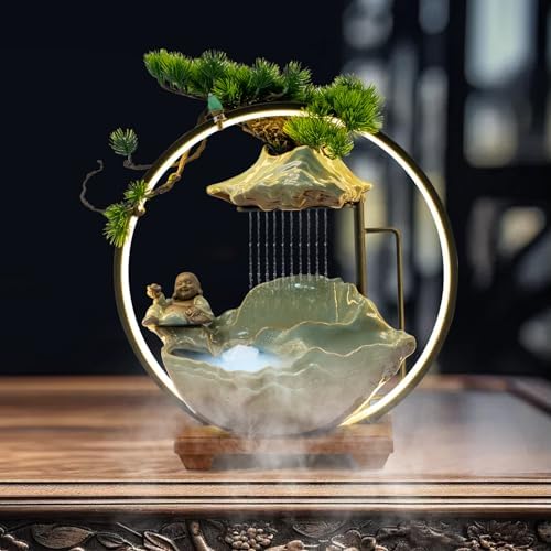 Big Fountain for Table Top - Indoor Waterfall with LED Light and Fake Plants