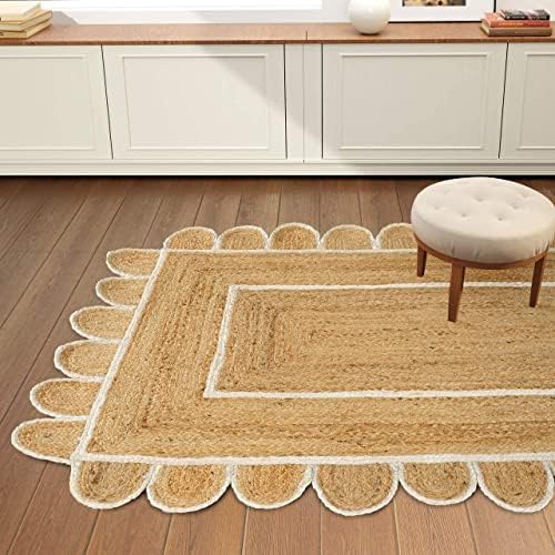 GRUHUM Scalloped Jute Rug 2x3 ft Natural White Trim Rectangular