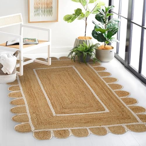 GRUHUM Scalloped Jute Rug 2x3 ft Natural White Trim Rectangular