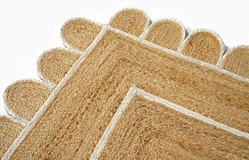 GRUHUM Scalloped Jute Rug 2x3 ft Natural White Trim Rectangular