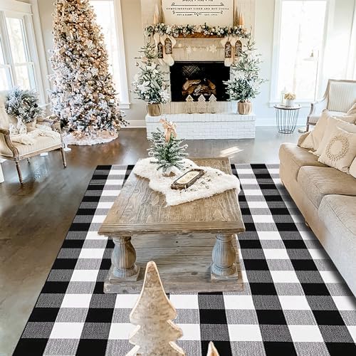 HOYIJA Buffalo Plaid Area Rug 4x6 Black White Checkered Carpet